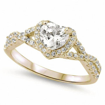 Halo Infinity Shank Heart Ring Round Yellow Tone, Simulated CZ 925 Sterling Silver